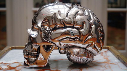 Réplique de cerveau faite en chrome : cerveau métallique représentant les fonctions cérébrales et cognitives ainsi que la maladie mentale - obrazy, fototapety, plakaty