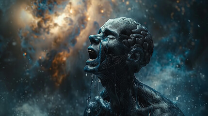 Catharsis : visage d'homme qui explose en larmes dans un long cri retenu, tristesse et colère qui jaillit, montrer sa douleur et sa souffrance