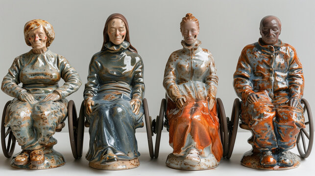 Figurines de personnes de tous âges origines en fauteuil roulant : question du handicap, de l'inclusion et de l'accessibilité dans nos sociétés