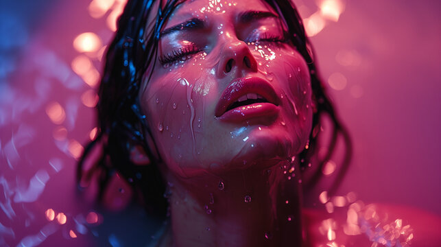 Visage d'une jeune femme transie de plaisir, vision d'un orgasme, du d&eacute;sir et du plaisir