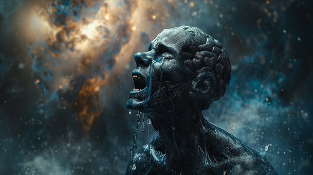 Catharsis : visage d'homme qui explose en larmes dans un long cri retenu, tristesse et col&egrave;re qui jaillit, montrer sa douleur et sa souffrance