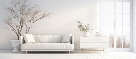 A white Scandinavian living room with a white couch, tree, dresser, vases on wooden floor, and decor on a large wall. A glimpse of a white landscape can be seen through the window.