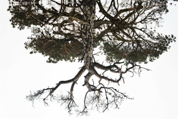 stark silhouette of a bare tree reflected in a calm lake, creating a mesmerizing pattern of intertwined branches