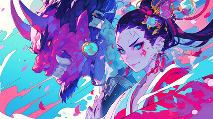 Oni dragon crime lord sign and anime woman