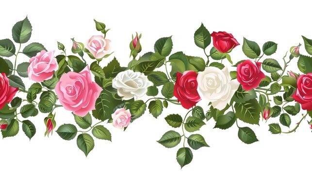 Floral seamless garland with red, pink, and white rose flowers and green leaves ,generative ai,