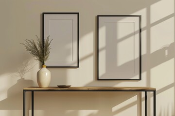 serene setting with two blank framed artworks on a wall, casting soft shadows due to the natural light