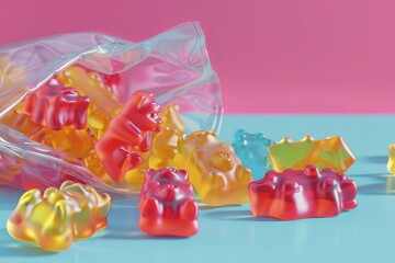 colorful explosion of gummy bears spills out of a translucent plastic bag