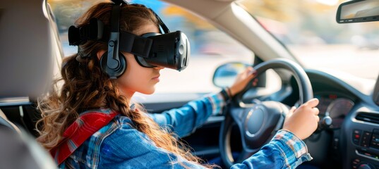 Young woman taking driving exam in virtual reality car simulator with copy space