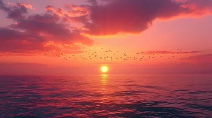 Gordijnen A vibrant sunset sky in shades of orange, pink, and purple over the sea, with a small flock of birds flying across the horizon. 8k © Muhammad