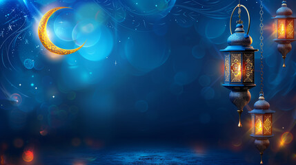 Ramadan kareem background with glowing hanging lantern and crescent moon.