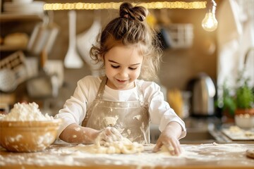 A little girl as a chef is happily making dough for bakery, enjoying a fun family baking session in the kitchen
