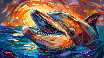 Horizontal oil painting of a Dolphin. Generative AI