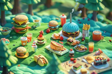 Fototapeta na wymiar delightful virtual picnic scene featuring a checkered blanket