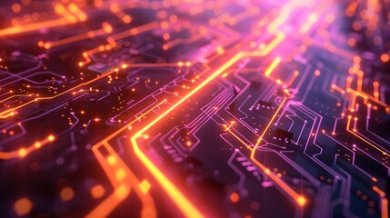 Fototapeta premium Abstract Illustration of an Orange and Purple Circuit Board with Glowing Lines