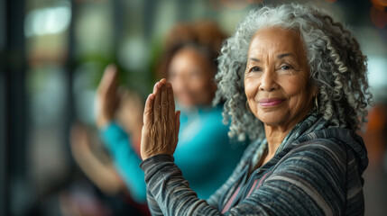 Active aging concept. Two senior women are doing yoga exercises.