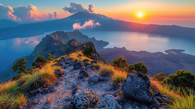Spectacular sunrise over mountains with a scenic view of the sea and rocky path leading towards the horizon.