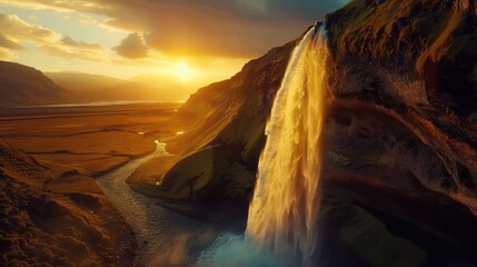 A waterfall cascading down highland terrain, with the sun low on the horizon, creating a dramatic backlight and long shadows. 8k - obrazy, fototapety, plakaty