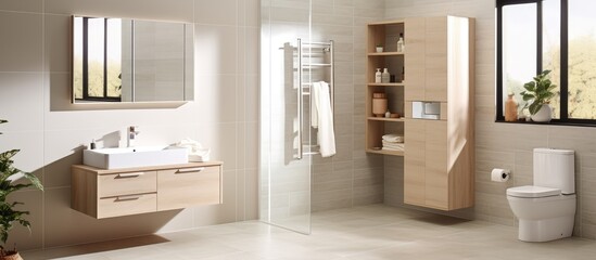 This image showcases a modern bathroom with a toilet, sink, and mirror. The sink is set on a white base cabinet, and the mirror is mounted on the wall above it.