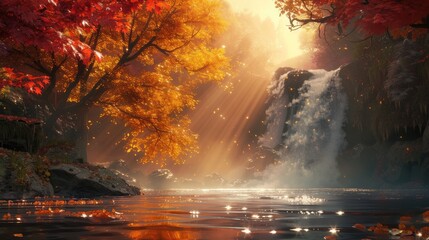 A waterfall surrounded by autumn-colored foliage, with the sun enhancing the golden and red hues of the leaves, creating a warm and inviting scene. 8k - Powered by Adobe