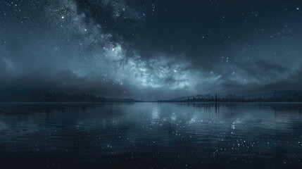 a broad, panoramic view of the Milky Way glowing over a secluded lake, with the reflection of the starry night sky being given movement and texture by the soft waves in the water.  - obrazy, fototapety, plakaty