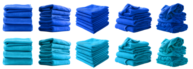 2 Set of pile stack heap of folded crumpled dark light blue turquoise bath towel rug on transparent background cutout, PNG file. Mockup template for artwork graphic design
