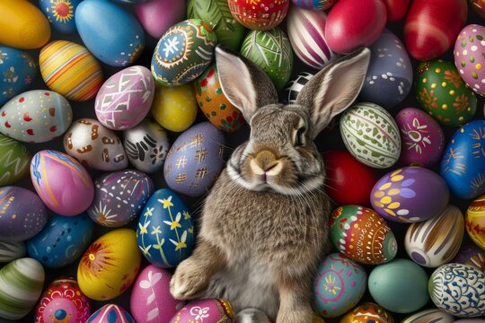 A rabbit is laying in a pile of colorful Easter eggs