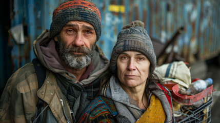 Fototapeta premium Portrait of homeless couple living outdoors. 
