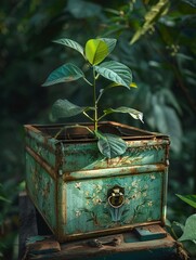 Donation box in nature with plant decoration