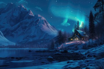 A winter's night dream, with a house on the lake shore bathed in the glow of the Northern Lights