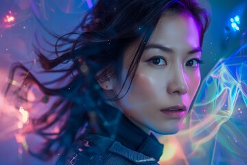 Fototapeta premium Futuristic Portrait of a Young Woman with Neon Lights and Vivid Colors in a Modern Sci-Fi Setting