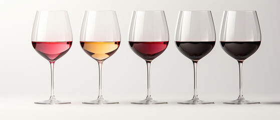 A set of wine glasses neatly arranged with various wines isolated on a white background created with Generative AI Technology