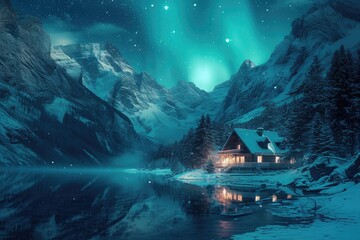 A winter's night dream, with a house on the lake shore bathed in the glow of the Northern Lights, and the mountains cloaked in snow, standing in silent awe. 8k