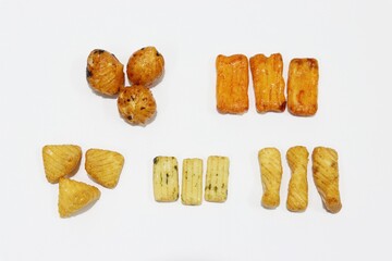 variety shapes of Japanese Rice Crackers, white background