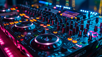 Fototapeta na wymiar DJ music equipment closeup at night club.