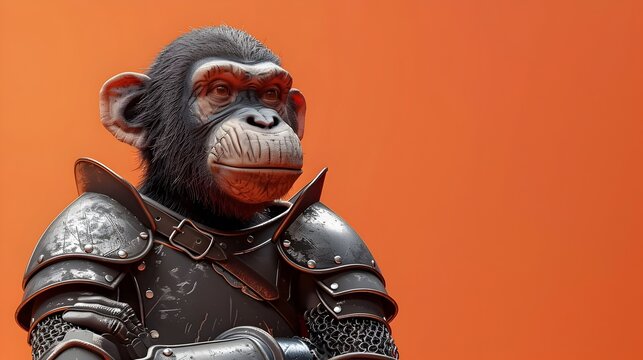 Chimpanzee in Armor on Orange Background - Digital Art