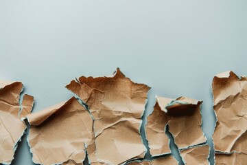 row of unevenly torn brown paper scraps with rough edges, displayed on a clear blue background