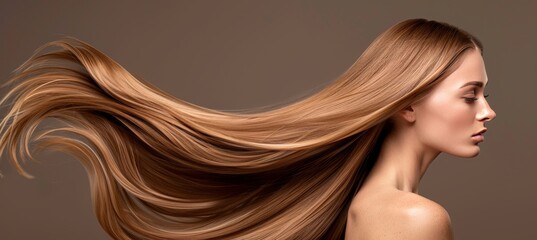 Blonde woman with flowing hair on dark background, beauty and hair care concept, product ad