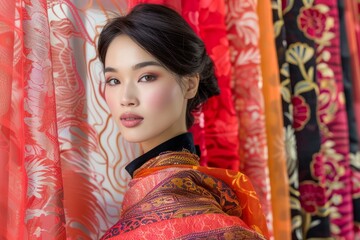 Elegant Asian Woman in Traditional Kimono Standing Serenely Amongst Vibrant Red Floral Silk Fabrics