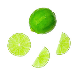 Top view set of fresh green lemon fruit with half and slices or quarters isolated on white background with clipping path