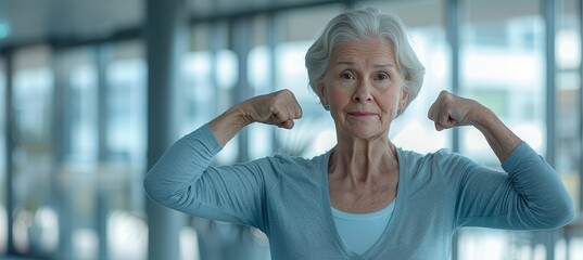 Fototapeta na wymiar Elderly woman flexing biceps on blurred background with copy space, object on right side