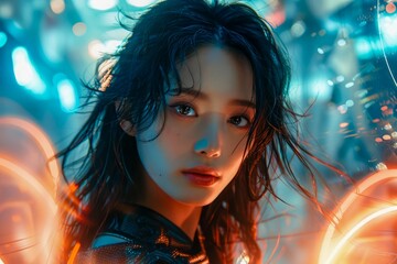 Intense Portrait of Young Woman with Wet Hair backlit by Vivid Blue and Orange Bokeh Lights