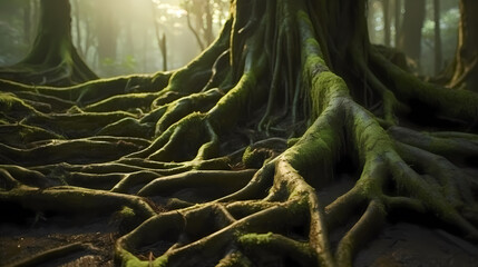 Roots of a big tree close-up background