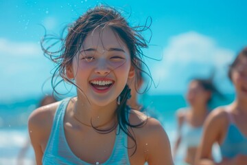 Joyful Young Woman Laughing Under Sprinkling Water on Bright Sunny Beach Day with Friends in Background