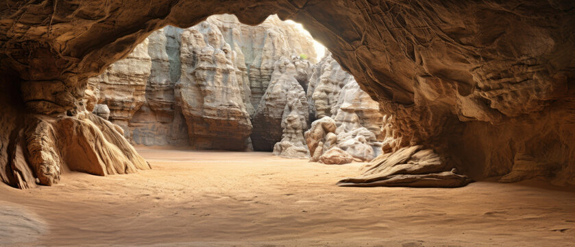 The cave entrance of the large room is a winding rocky cliff cave with a sandy floor near the beach created with Generative AI Technology 