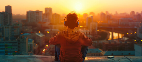 Fototapeta na wymiar a man listening music use headphones with cityscape view