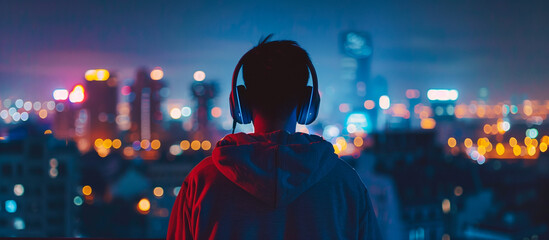 a man listening music use headphones with cityscape view