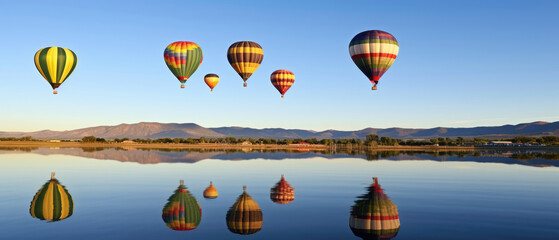 Fototapeta premium landscape view of colorful hot air balloons floating in the air and reflecting on the surface of a calm lake with green hills and clear blue sky in the background