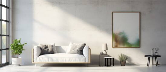 A modern living room features white walls, a concrete floor, a white couch, and an original coffee table. A poster hangs on one wall, while a large panoramic window provides ample natural light.