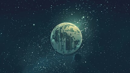 In this poster a vector illustration reveals a digital cyber worlds planet in space