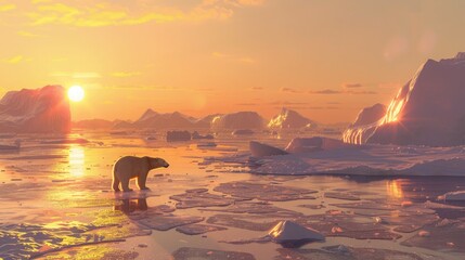 An arctic scene with a polar bear wandering across sea ice under the midnight sun, with a distant view of icebergs and a clear sky. 8k